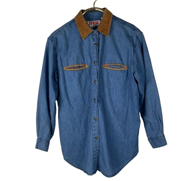VINTAGE HGNY JEANS LEATHER TRIM DENIM BUTTON DOWN SHIRT - Picture 4 of 13